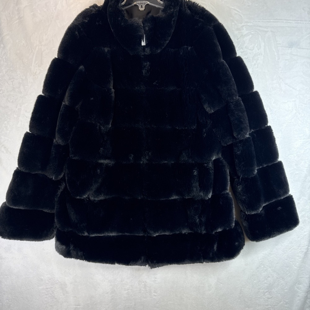Black Faux Fur Tiered Puffer Jacket Mock Neck Zip Up Coat